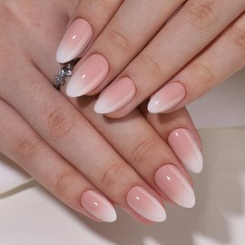 WAFOLOZE Gel Press On Nails - Short White Ombre, Almond Shape, Artificial Nails - 16 Sizes, 32pc Reusable Kit