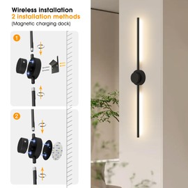 AHAWILL Battery Operated Wall Sconces Set of Two with Remote,Stepless 3CCT Dimmable, USB Rechargeable Wireless Wall Lamp,360°Rotate Wall Lights for Bedroom,43.3inch (A Pair of Batteries)