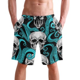 visesunny Skull Octopus Print Men's Swimtrunks Quick Dry Casual Hawaiian Mesh Lining Beach Board Shorts with Pockets