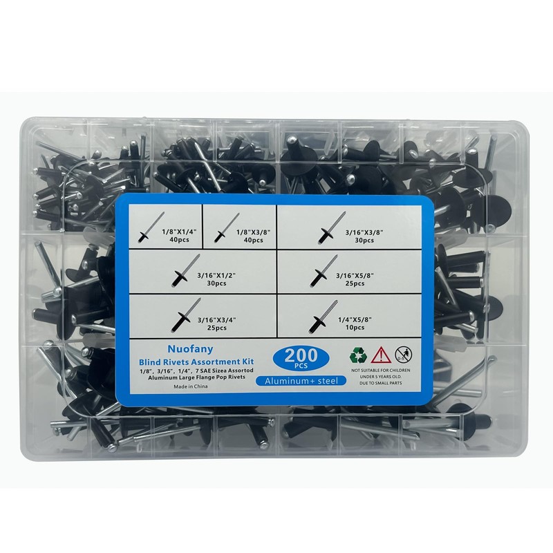 200PCS Black Rivets Pop Rivets Assortment Kit,7 Sizes Aluminum Blind