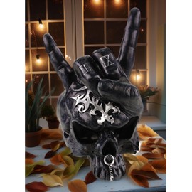 Kremers Schatzkiste Decorative Figure Skull Rock Yeah Black/Silver 19 cm Skull Polresin Gothic Figure Living Room Decoration Gift Skull Sculpture Satan Cult