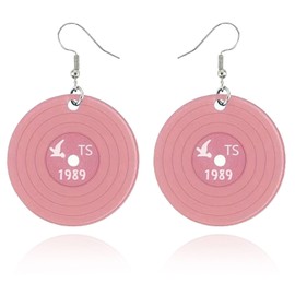 Acrylic Record Earrings for Women Girls, Nostalgic Fashion Rock Roll Disc Tape Records Dangling Drop Earrings Jewelry, Vintage 1989 TS Singer Tour Concert Gifts for Music Fans (Pink)