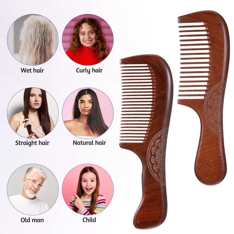 Sandalwood Hair Comb Set, 2Pcs Wooden Comb for Women Natural