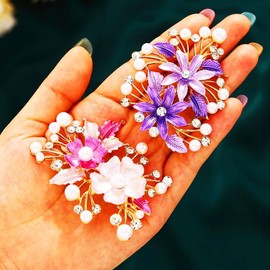 Jovono Flower Hair Barrette Clips Gold Crystal Wedding Hair Clips Pearl Hair Accessories for Women (2PCS) (Pink+Purple, One size)