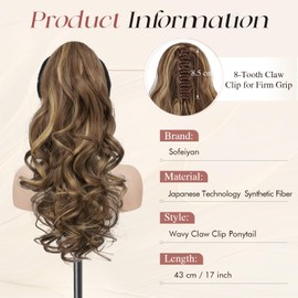 Sofeiyan Ponytail Hairpiece with Clip, Long Wavy Curly Braid Extension, Claw Clip-In Ponytail Extension, Synthetic Hair Extension for Women, 43 cm, Brown & Blonde