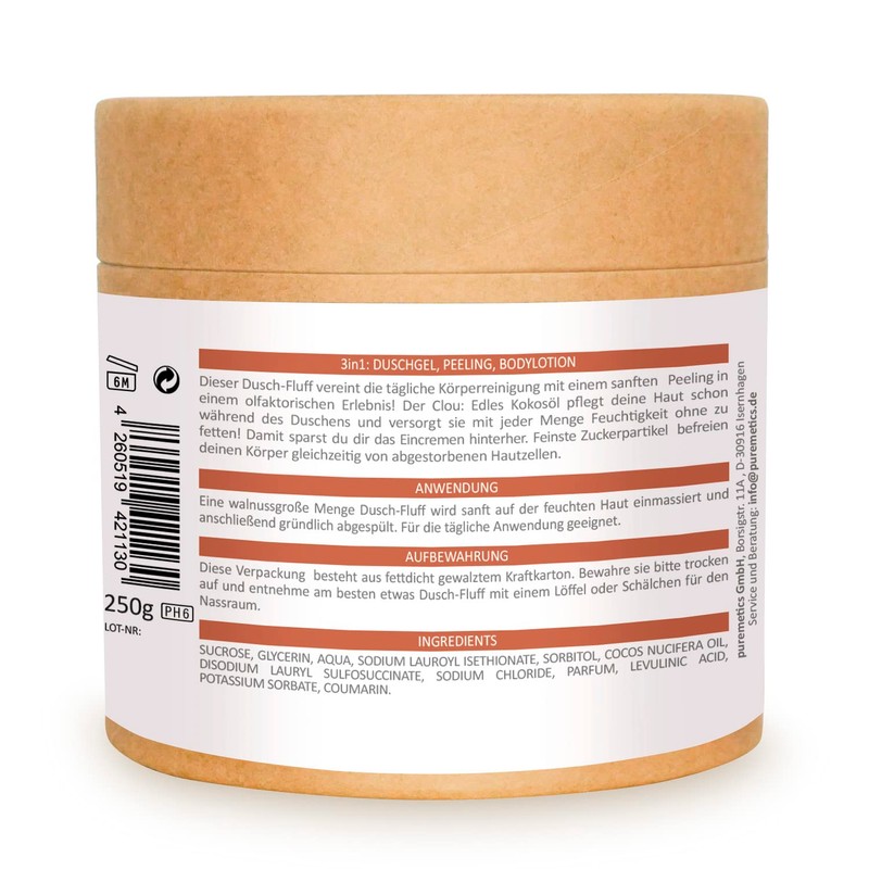 Puremetics 3-in-1 Shower Fluff (250 g), Shower Gel, Peeling and