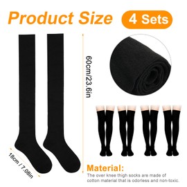 KINBOM 4 Pairs of Thigh High Socks, Cotton Soft Knee Stockings, Long Stockings, Women's Overknee Wednesday Addams Socks for Women, Girls, Everyday Wednesday, Cosplay Costumes (Black), black