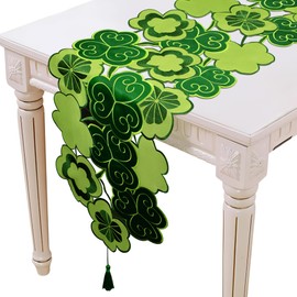 Wehhbtye 69" x 15" St. Patrick's Day Clover Table Runner, Embroidered Shamrock Table Runner with Tassels, Green Irish Tabletop Scarf Decoration for St. Patrick's Day Holiday Party Decor