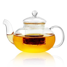 Glass Teapot with Infuser, 33.8oz(1000mL) Glass Tea Kettle with Removable Infuser for Blooming and Loose Leaf Tea, Gooseneck Tea Pot for Microwave and Stove top, Gift Box for Tea Maker