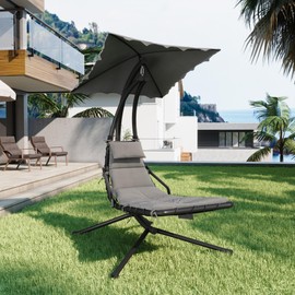 Chaise Lounger Swing Chair with Umbrella Canopy, Patio Hanging Chaise Lounger Chair with Stand, Curved Steel Outdoor Lounge Chairs for Indoor Patio Pool Garden Backyard Porch