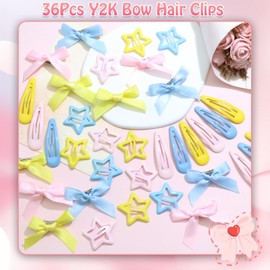 SAWINDA 36Pcs Pink Mini Hair Bows Blue Water Drop No Slip Hair Clips Star Snap Hair Barrettes for Women Yellow Small Bows for Hair Star Bowknot Hair Accessories for Teens Girls