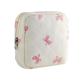 RSRSLEII Small Quilted Cosmetic Pouch for Purse, Mini Cotton Makeup Bag with Compartments, Cute Zipper Lipstick Holder for Women (03White Bow)