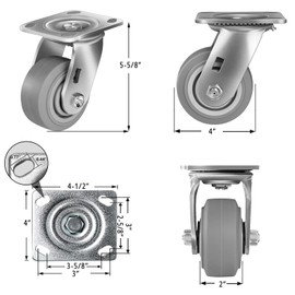 FOVERSWIVE 4"x2" Rubber Wheels (Flat Tread)- Heavy Duty Casters, Industrial Caster Wheels- Set of 4 with up to 1800 LB Capacity- Use for Dollies, Workbench(2 Swivel & 2 Rigid)
