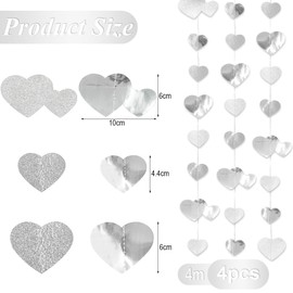 52 ft Silver Heart Garland, 4 Pieces 4 m Hanging Paper Garland, Silver Decoration, Heart Garlands for Wedding, Engagement, Anniversary, Valentine's Day, Birthdays Decoration