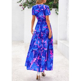 PRETTYGARDEN Women's Summer Boho Maxi Dresses Floral Short Sleeve V Neck A Line Tiered Ruffle Flowy Long Beach Vacation Dress (Royal Blue,Medium)