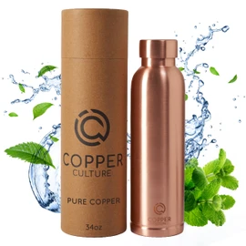 100% Pure Copper Water Bottle for Drinking Water – 34 oz (1000ml) Polished Finish with Leak-Proof Lid | Copper Vessel for Yoga, Gym, Office, Home & Travel