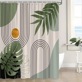 LAEDCIITI Mid Century Boho Sage Green Shower Curtain Abstract Geometric Modern Plant Botanical Minimalist Leaf Arch Sun Tropical Palm Leaf Neutral Fabric Bathroom Curtain Set with Hook