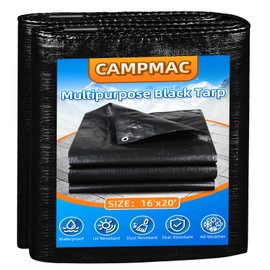 CAMPMAC Black Tarps Heavy Duty Waterproof 16x20, 12 Mil Thick, High Durability, Rip and Tear Resistant with Metal Grommets Every 20 Inches