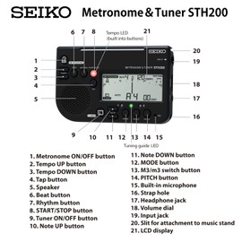 Seiko STH200BK Metronome Tuner, Loud Volume, Compatible with Music Stands, Perfect for Brass Band, Black