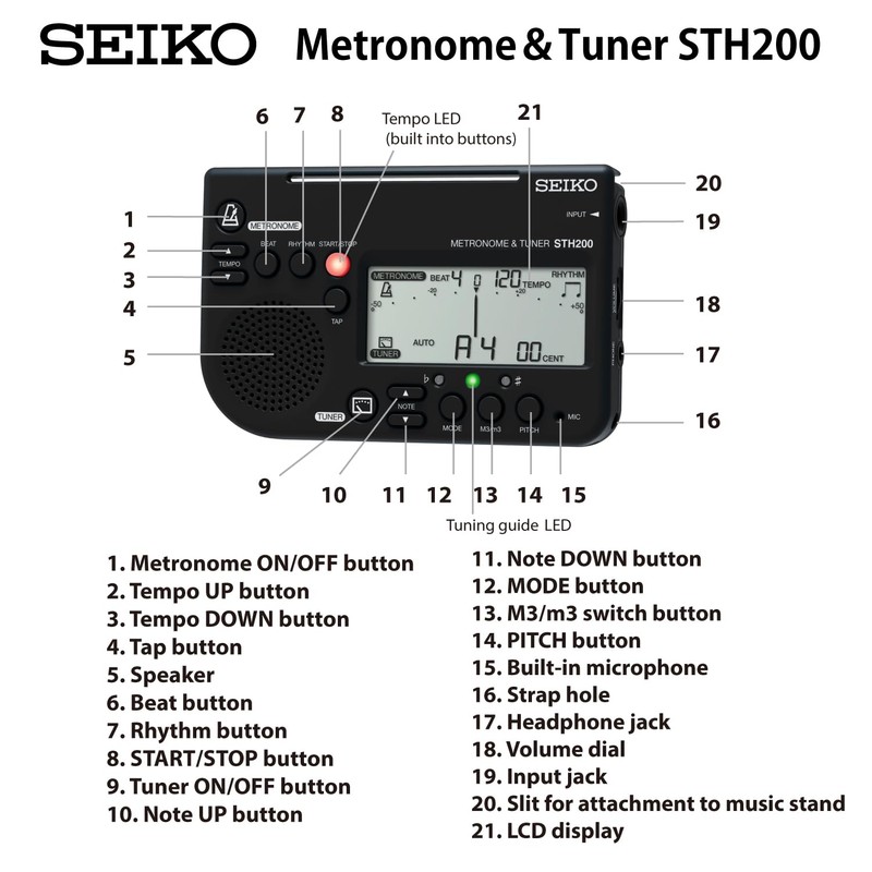 Seiko STH200BK Metronome Tuner, Loud Volume, Compatible with Music Stands,