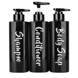 AUMIO 16.9oz Shampoo and Conditioner Bottles Set of 3-Printed Shower Soap Dispenser Plastic Shampoo Bottles Refillable with Pump - Shampoo Conditioner Body Wash Dispenser for Bathroom Shower Black