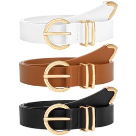 3 Pack Women's Belts for Jeans Dresses Fashion Ladies Skinny Leather Belt with Gold Buckle(Black+Brown+White)