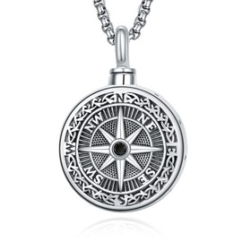 KINGWHYTE Cremation Necklace for Ashes 925 Sterling Silver Urn Necklace Compass Ashes Pendant Keepsake Memorial Gift for Men Women with Stainless Pearl Chain - 22" + 2"
