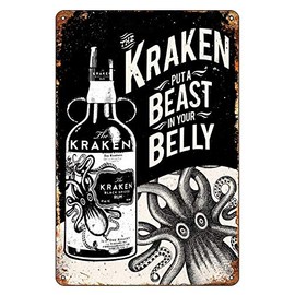 Novelty Vintage Ideal for Pub shed Bar Office Man Cave Home Bedroom Dining Room Kitchen Gift - Kraken Rum, Beast in the Belly - Retro Vintage - Tin signs Metal Poster Gift 200mm x 300mm