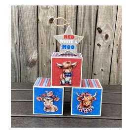 AGD Patriotic Decor - Red White Moo Highland Cow Block Signs 4pc