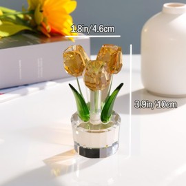 QAZMJUE Crystal Tulip Flower Figurine - Elegant Yellow Tulip Glass Flower Bouquet for Home, Office Decor, Anniversary,Wedding Gift for Women, Mom, Friend