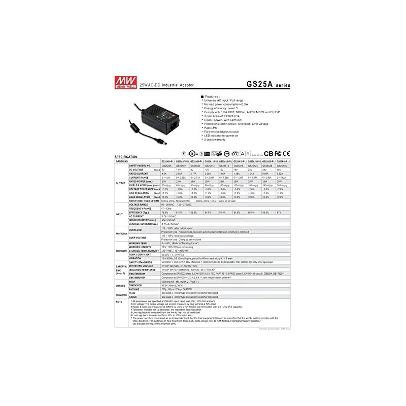 Desktop Industrial Adapter 25W 24V 1.04A GST25A24-P1J Meanwell AC-DC SMPS