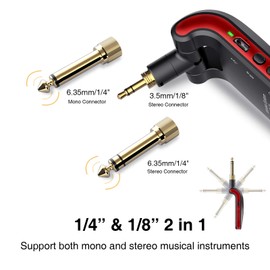 LEKATO 2.4GHz Wireless Guitar System - 6 Channels Rechargeable Wireless Transmitter & Receiver for Guitar & Bass, Stereo & Mono 1/4' & 1/8' 2 in 1 Plugs (Black & Red)