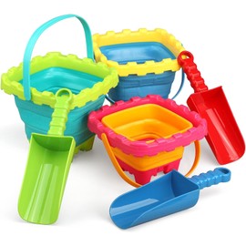 Anzmtosn Large Sandburg Beach Bucket Toy Set, 6 Pieces - Colourful Foldable Sand Bucket with Mesh Bag, Shovels & Moulds for Kids, Toddlers, Sandpit, Beach, Garden, Outdoor Toys