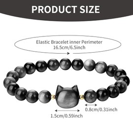 Cat Bracelet Black, 8Mm Stretch Elastic Rope Black Obsidian Bracelet, Crystal Cat Bracelet For Women, Cat Stone Bead Bracelets, Cute Bracelet Jewellery, Cat Gifts For Christmas Good Luck Gifts