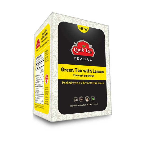 QuikTea Green Tea with Lemon Teabags - Single Box 60 Count - All Natural Preservative Free Teabags from Assam