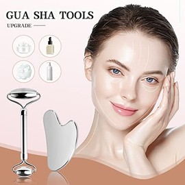 Aresvns Stainless Steel Facial Roller ＆ Metal Gua Sha Facial Care Tool Set | Smooth stainless steel material, Face and body treatment, reduce puffines
