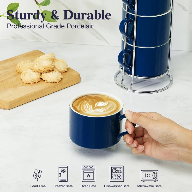 NWYSZ 10 Ounce Blue Porcelain Stackable Cappuccino Cups with Stainless