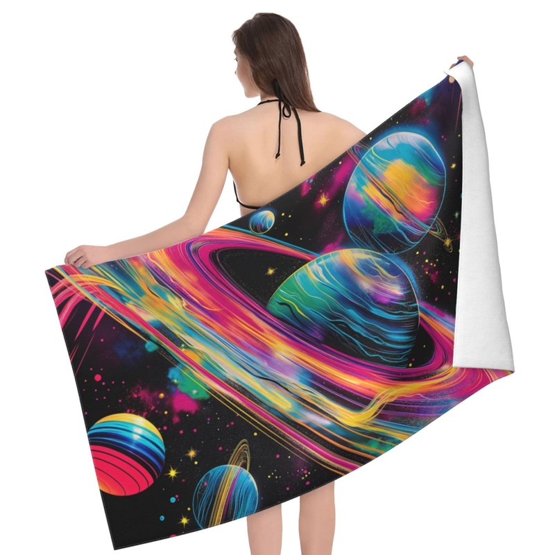 VANZEV Cosmic Planets Beach Towel 31inx51in, Galaxy Sand-Free Microfiber Bath