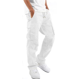 HUNGSON Mens Cargo Pants Drawstring Casual Hiking Pants Joggers Athletic Trousers Cotton Loose Straight Sweatpants for Men White