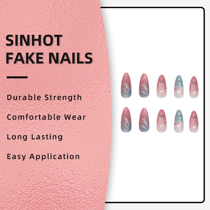 SINHOT Round Press on Nails Medium - Red Blue Ombre