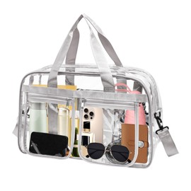 Enkrio Large Clear Tote Bag Clear Duffle Toiletry Bag with Zipper Transparent See Through Bag for Work Sports Gym Beach (Gray)