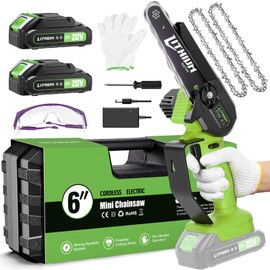 Fostex 6 Inch Cordless Mini Chainsaw, 20V Handheld Chain Saw, Battery Powered, 2 Batteries, 2 Chains, Electric Chainsaws for Tree Trimming, Wood Cutting, Yard & Garden (Green)