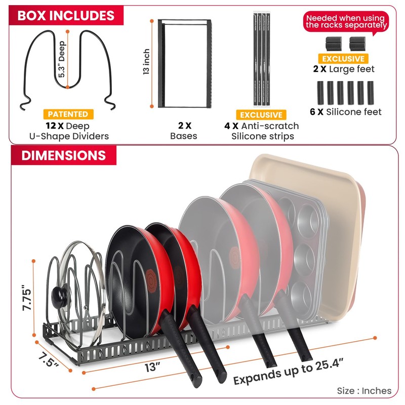 Better Things Home 7.5” Wide 12-Slot Adjustable Large Pan and