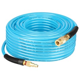 YOTOO Reinforced Polyurethane Air Hose 1/4" Inner Diameter by 100' Long, Flexible, Heavy Duty Air Compressor Hose with Bend Restrictor, 1/4" Swivel Industrial Quick Coupler and Plug, Blue
