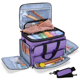 YARWO Knitting Yarn Bag, Portable Crochet Storage Tote with Double Top Cover and Yarn Holes for Knitting Needles(Up to 14”), Unfinished Projects and Skeins of Yarn, Purple
