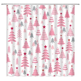 GCTNBJL Christmas Shower Curtain Pink Xmas Tree Stars Rustic Farmhouse Cartoon Winter Holiday Merry Christmas 70x70(WxH) Inches Bathroom Decor Fabric Curtain with Hooks