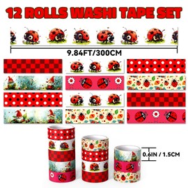 INNOHUB 12 Rolls Insect Washi Tape, Ladybug Adhesive Tapes, Red Black Decorative Masking Tape Sets for Craft, Scrapbook, DIY, Gift Wrapping