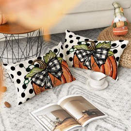AVOIN colorlife Fall Polka Dot Pumpkin Throw Pillow Covers 12x20 Inch, Seasonal Autumn Thanksgiving Harvest Decoration for Home Sofa Couch Set of 2