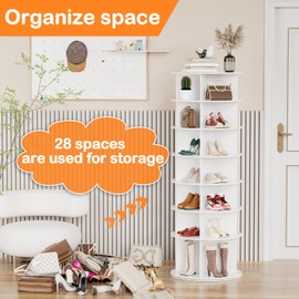 ISXACFF Rotating Shoe Rack 7 Tiers 360° Spinning Shoe Cabinet - Bottom Heightened for High Boots, Revolving Storage Tower Lazy Susan Shoe Organizer Display for Bedroom Entryway-White, 28 Pairs