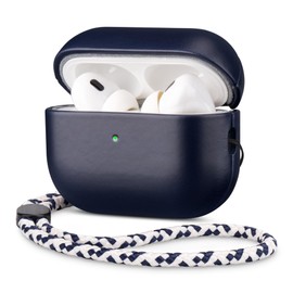 RIXENY Genuine Leather Case Compatible with AirPods Pro 3 (3rd Gen 2025) - Luxury Elegant Style Protective Cover, Adjustable Braided Lanyard, Rugged Hard Shell & Develops Patina Over Time, Blue